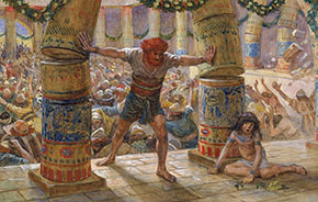 (Dom 16:29) James Tissot's painting of Samson tearing down the pillars of the Philistine temple (1896-1902).