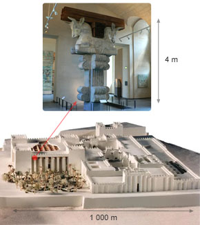 (Est 1:4) The roof of the banquet hall was supported by 36 (6 x 6) huge marble columns. At the top of each column, the rafters rested on 4 meter high ornate ornaments. The Louvre Museum in Paris has one of these. The total ceiling height was an incredible 21 meters and the entire banquet hall measured 100 x 100 meters. The adjacent palace was three times that size, see the model on the right.
