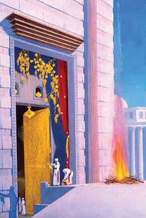 (Joh 15:2) Above the entrance to the temple hung golden grape clusters. It was here that the priests pronounced the priestly blessing. Illustration from the Temple Institute in Jerusalem.